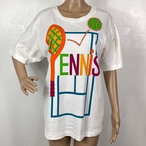Santoria Village white novelty print tennis 100% cotton short sleeve tee size S